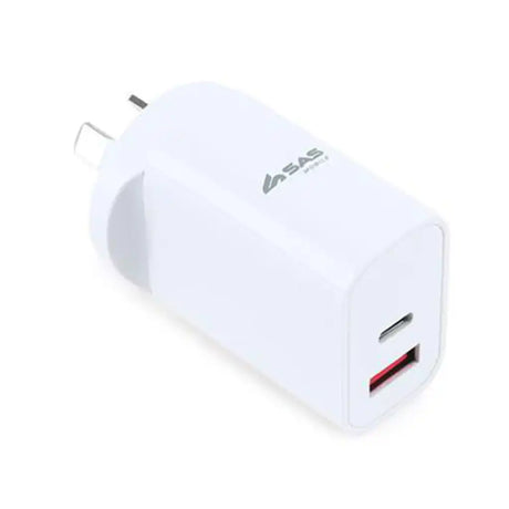 White USB adapter with dual ports on a white background