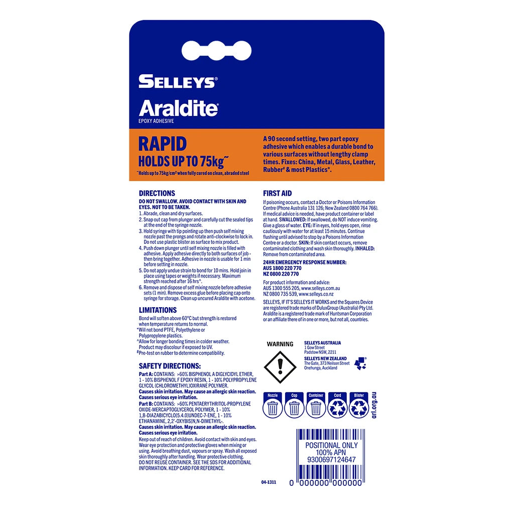 SELLEYS Araldite Rapid Epoxy Adhesive 90 Seconds 75Kg 14ml