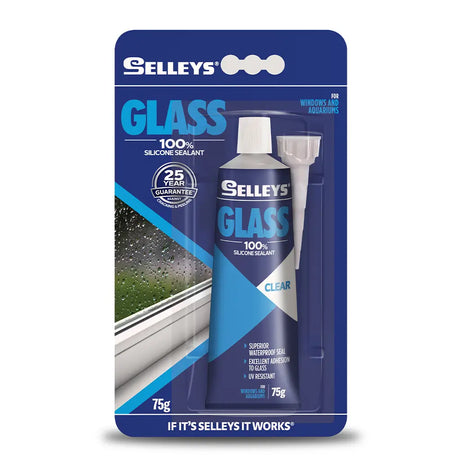 Selleys glass sealant packaging with a blue and white design.