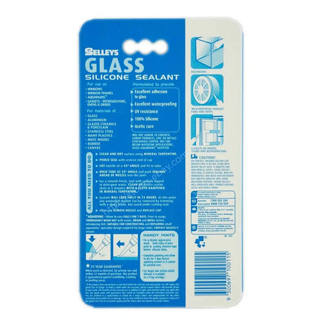 Package of Selleys Glass Silicone Sealant with blue and white design.