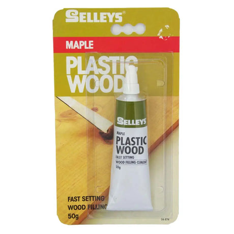 Selleys Maple Plastic Wood packaging with a tube of wood filler on a white background
