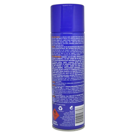 Back view of a blue spray can with text and symbols on a white background