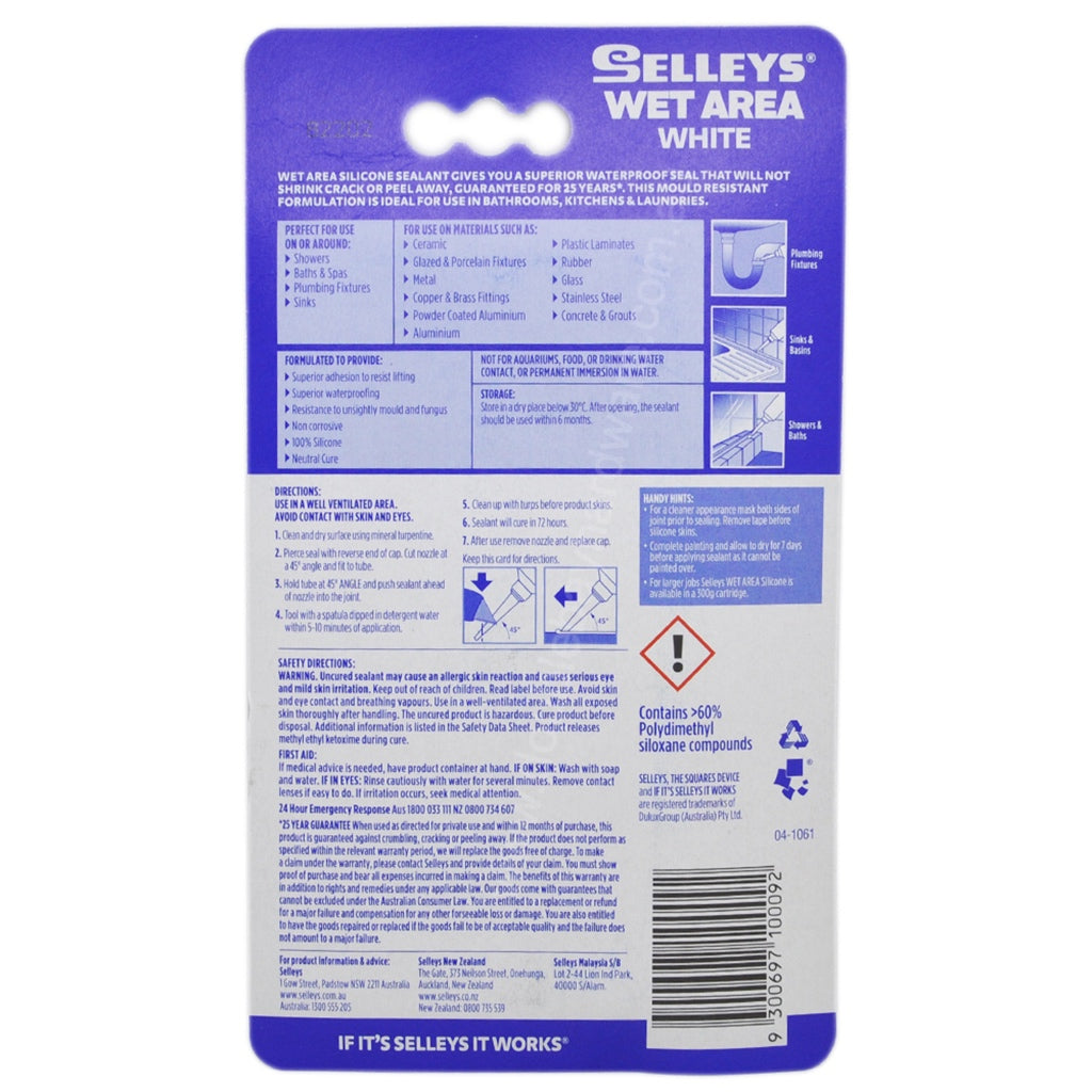 SELLEYS Wet Area Silicone Sealant For Bathroom,Kitchen,Laundry 75g White WAW 75G
