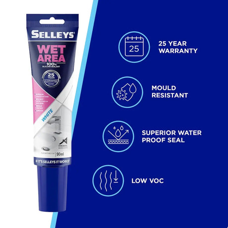 Selleys wet area sealant packaging with features listed on a blue background