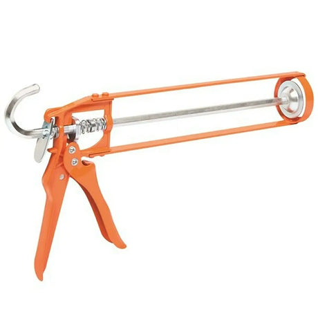 Orange and silver caulking gun on a white background