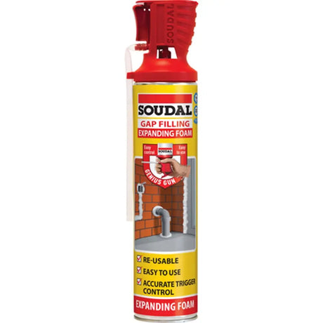 Soudal gap filling expanding foam can on a white background