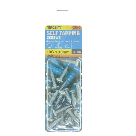 Pack of Macsim self-tapping screws on a white background