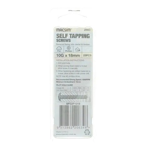 Pack of Macsim self-tapping screws on a white background