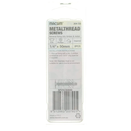 MACSIM 1/4"x50mm METALTHREAD Bolt Countersunk Head Stainless Steel SP25CS0650