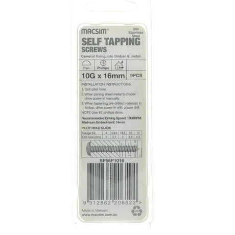MACSIM 10Gx16mm PAN HEAD SELF TAPPING Screws Phillips Stainless Steel SP56P1016