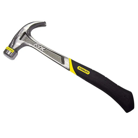Stanley hammer with black handle and silver head on a white background