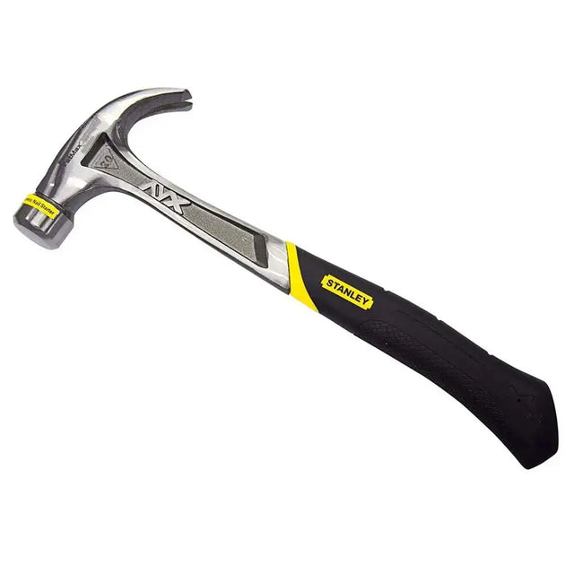 Stanley hammer with black handle and silver head on a white background