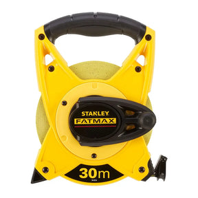 Yellow Stanley Fatmax tape measure on a white background