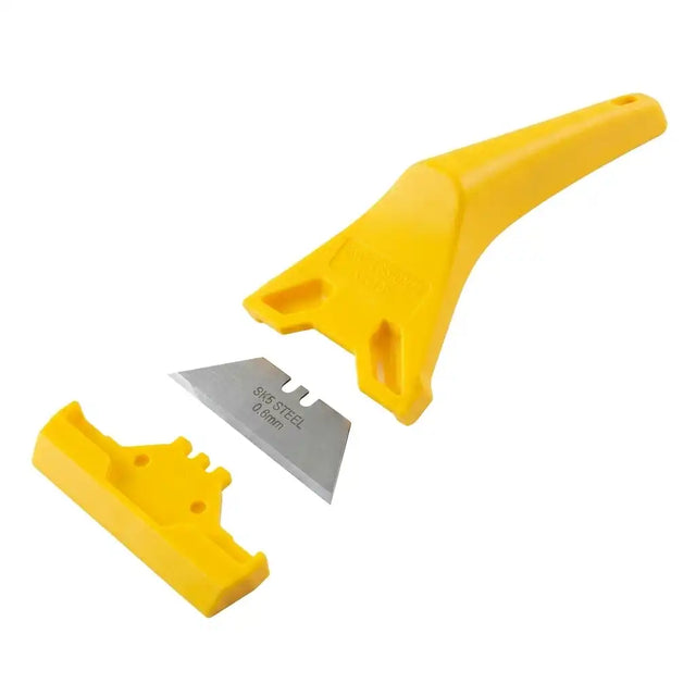 Yellow plastic tool with a silver blade on a white background