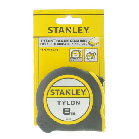 Stanley tape measure with yellow packaging on a white background