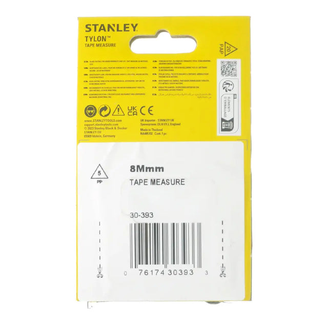Stanley tape measure packaging with yellow and white design