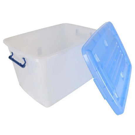 Clear plastic storage box with a blue lid on a white background