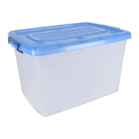 Clear storage box with a blue lid on a white background