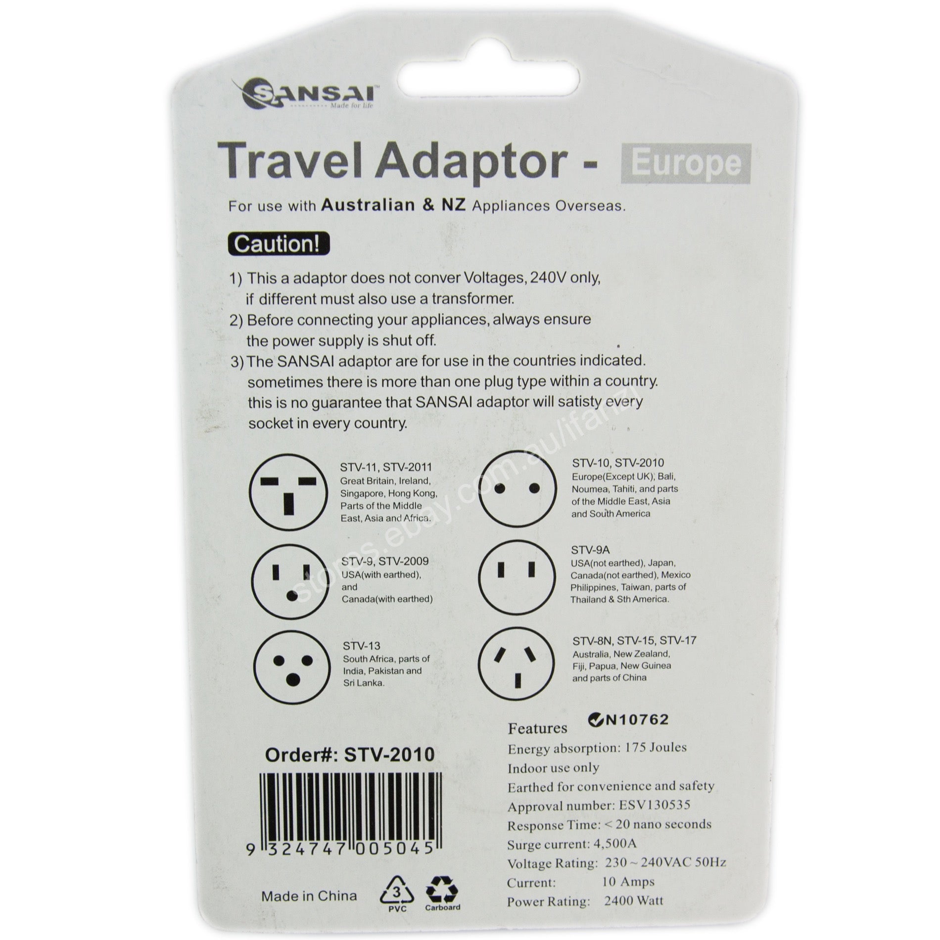 SANSAI 2 Outlet Travel Adaptor-Europe(except UK) STV-2010
