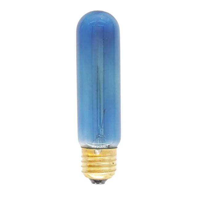Blue cylindrical light bulb with gold base on a white background