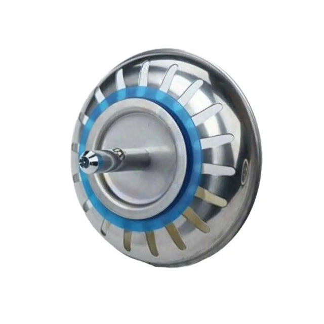 Metallic wheel or gear with a blue ring on a white background