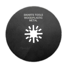 A circular black circular saw blade with white text reading 'SWARTS TOOLS WOOD/PLASTIC METAL' and a white starburst-style center cutout, shown on a plain white background.