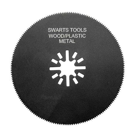 A circular black circular saw blade with white text reading 'SWARTS TOOLS WOOD/PLASTIC METAL' and a white starburst-style center cutout, shown on a plain white background.