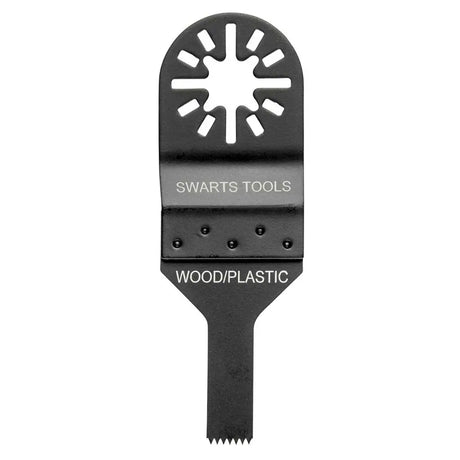 A black Swarts Tools oscillating multi-tool blade with a starburst-shaped cutting head and a flat beveled edge, labeled 'SWARTS TOOLS' and 'WOOD/PLASTIC', shown on a plain white background.