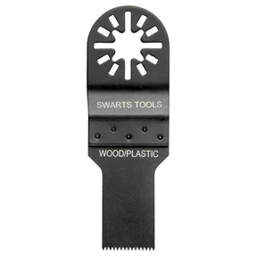 A black Swarts Tools oscillating multi-tool blade for wood and plastic, featuring a starburst-shaped head with cutouts and a straight beveled edge, shown on a plain white background.