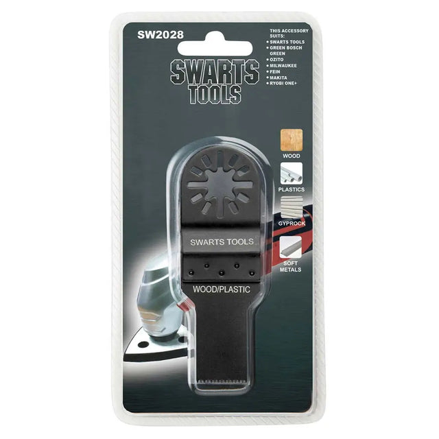 Swarts Tools SW2028 Wood Plastic oscillating multi-tool bit in its original blister packaging, featuring a black and gray tool with a star-shaped cutting head.