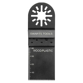 A black Swarts Tools oscillating multi-tool blade designed for wood and plastic, featuring a star-shaped head with cutouts and a measurement scale on the side.