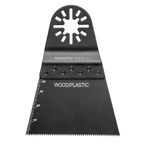 A black Swarts Tools oscillating multi-tool blade with a star-shaped cutting head, featuring a measurement scale on the left side and 'WOOD/PLASTIC' printed on the blade, shown against a plain white background.