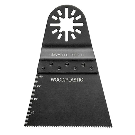 A black Swarts Tools oscillating multi-tool blade with a star-shaped cutting head, featuring a measurement scale on the left side and 'WOOD/PLASTIC' printed on the blade, shown against a plain white background.
