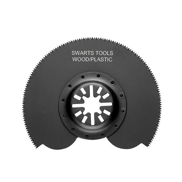 A black circular saw blade attachment with a serrated outer edge and a central mounting hub, shown on a plain white background. White text on the blade reads 'SWARTS TOOLS WOOD/PLASTIC'.