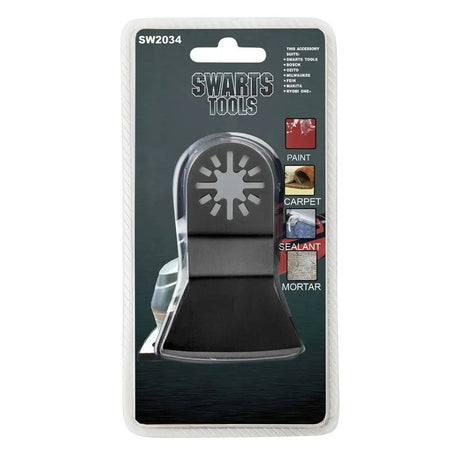 Swarts Tools SW2034 two-piece tool set in blister packaging, featuring a black plastic sweep and a clear plastic scraper with a silver metal starburst pattern.