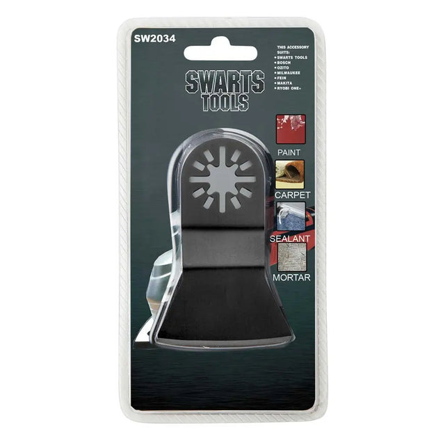 Swarts Tools SW2034 two-piece tool set in blister packaging, featuring a black plastic sweep and a clear plastic scraper with a silver metal starburst pattern.