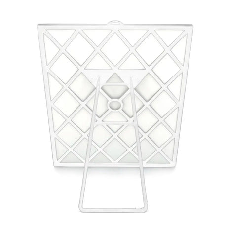 White metal basket with geometric design on a white background