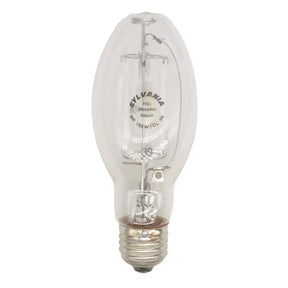 Clear light bulb with visible branding on a white background