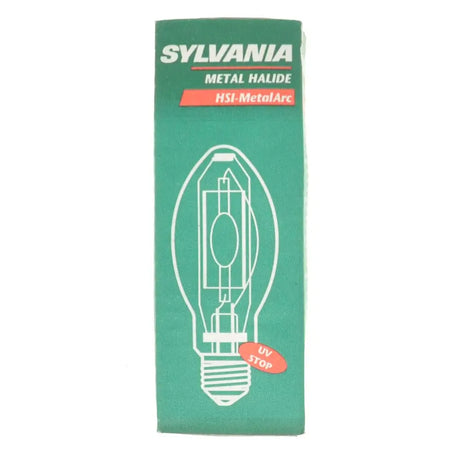 Sylvania metal halide light bulb packaging on a white background
