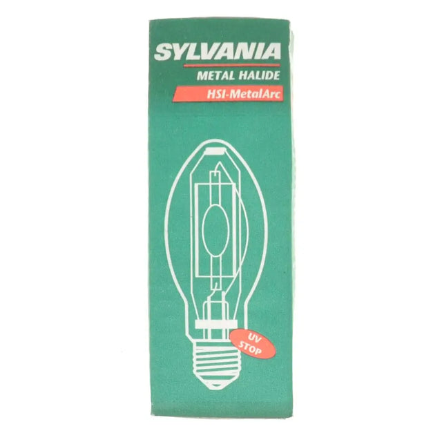 Sylvania metal halide light bulb packaging on a white background