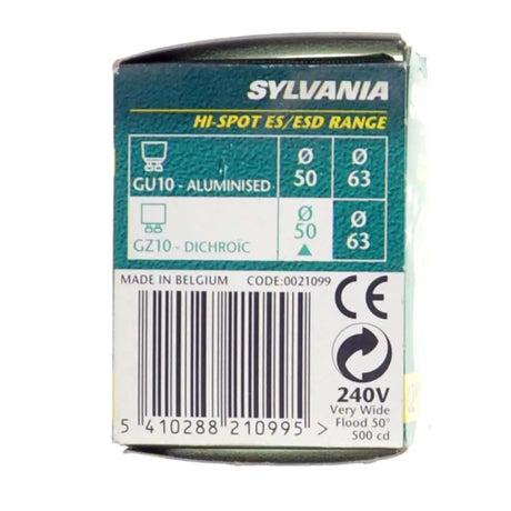 Sylvania light bulb packaging with specifications on a white background