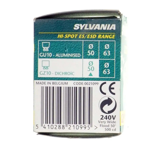 Sylvania light bulb packaging with specifications on a white background