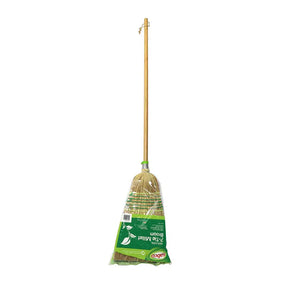 Broom with a green bag attached on a white background