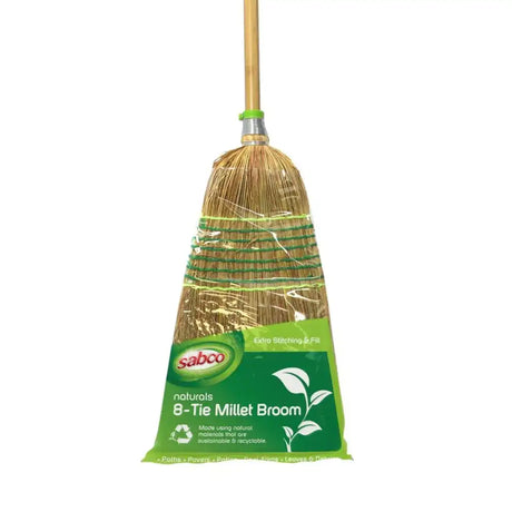 Sabco 8-Tie Millet Broom with green label on a white background