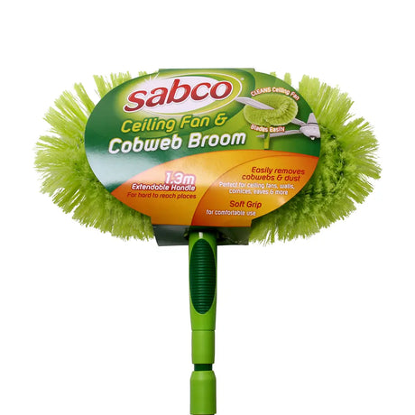 Sabco ceiling fan and cobweb broom with green bristles on a white background