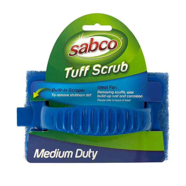 Sabco Tuff Scrub with blue scrubber and green packaging on a white background