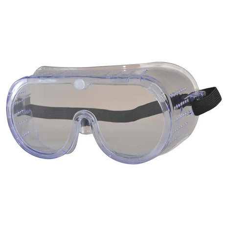 Clear plastic safety goggles with a black elastic strap, shown on a plain white background.