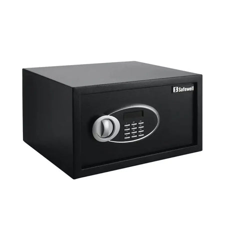 Black safe box with digital keypad on a white background
