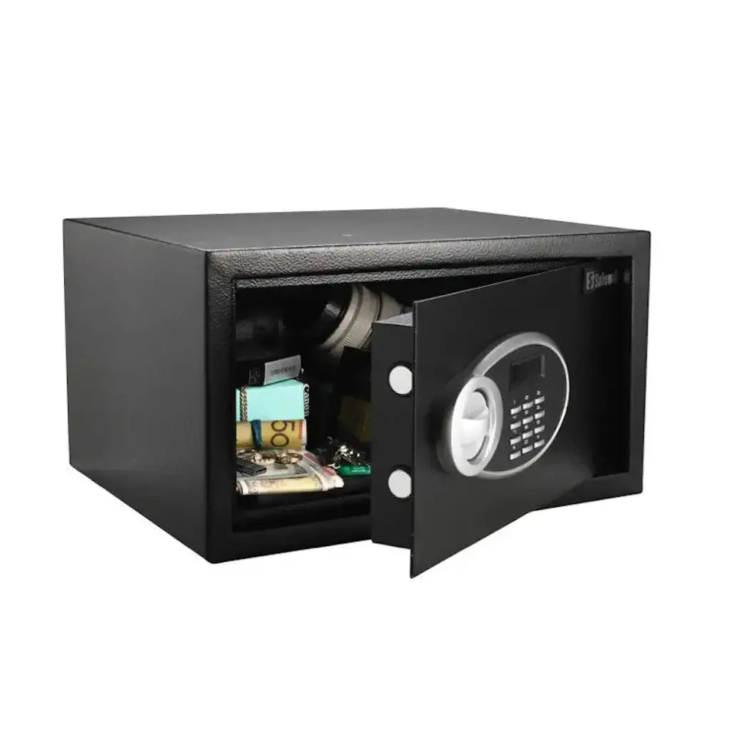 Black safe box with open door revealing currency and a digital keypad on a white background