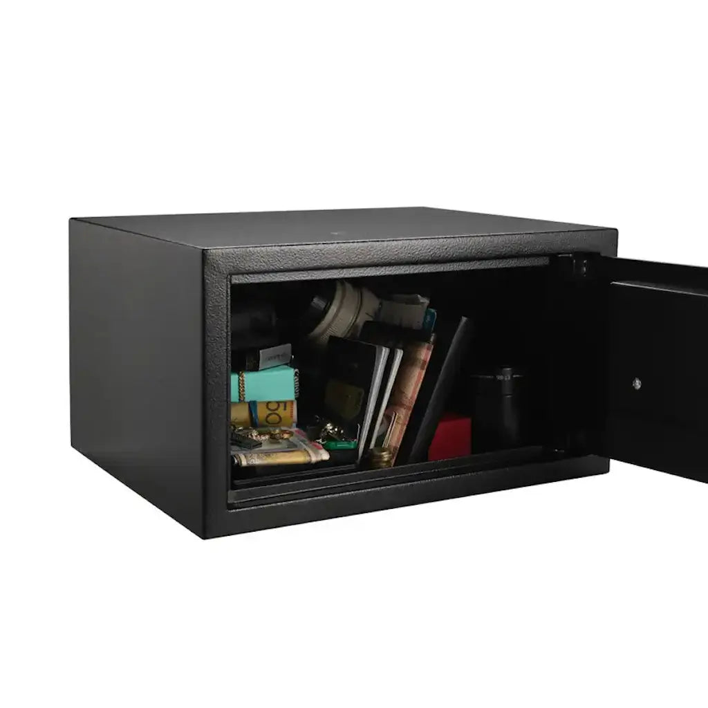 Black safe with open door revealing items inside on a white background